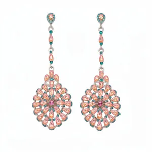 Eleganti orecchini pendenti vintage in argento con ciondoli floreali in strass rosa e arancio