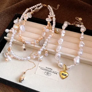 Retro Women Artificial Pearl Natural Shell Double Layer Necklace Alloy Gold Plated Heart Pendant Clavicle Chain Jewelry