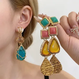Vintage Resin Water Drop Tassel Earrings For Women Geometric Alloy Colorful Drop Earrings With Silver Post Light Luxury Jewelry
