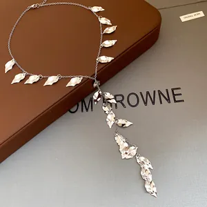 Silver wrinkled leaf tassel Y-shaped necklace with multiple pendants for women
