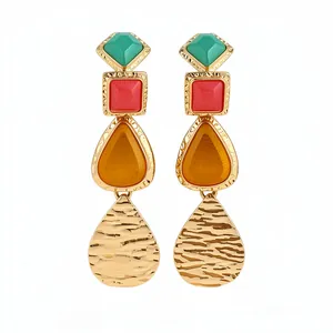 Vintage multi-color resin teardrop dangle earrings with a textured gold metal finish