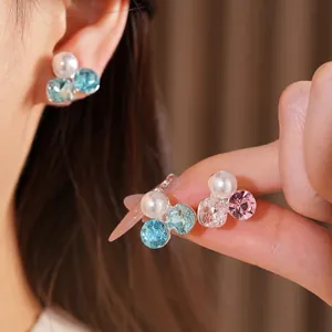 Elegant pearl and colorful rhinestone clip-on earrings for women without piercings