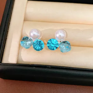 Elegant light blue crystal and white pearl clip-on earrings for non-pierced ears