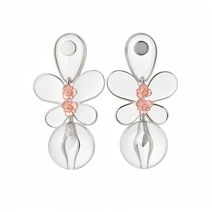 Elegant silver-toned butterfly earrings with pink floral details and clear beads