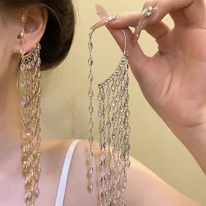 Elegant zircon tassel ear cuff earring with marquise stones for non-pierced ears