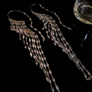 Elegant long zircon tassel ear cuffs with marquise stones in gold and silver finishes