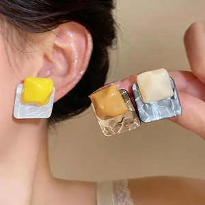 Unique Design Square Resin Stud Earrings With 925 Sterling Silver Needle Crinkle Geometric Earrings For Women Jewelry
