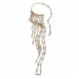 Elegant gold-plated ear cuff jewelry featuring cascading marquise-cut zircon tassels