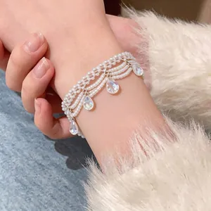 Elegant Glass Beaded Bracelet With Waterdrop Pendant Handmade Fairy Style White Bead Bracelet For Wedding Party Women Jewelry