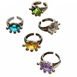 Minimalist adjustable silver rings with colorful resin stones in sunburst design