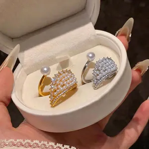 French Luxury Wings Open Ring For Women Copper Zirconia Artificial Pearl Adjustable Finger Ring Gold Silver Tone Fashion Jewelry Gift