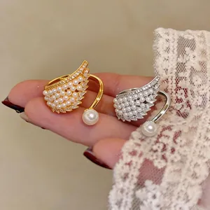 Elegant French style pearl wing open ring with zircons, adjustable luxury hand jewelry
