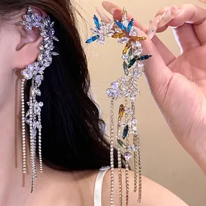 Exquisite Copper Zirconia Flower Tassel Ear Cuff For Women Luxury Rhinestone Sweet Style Non Pierced Ear Clip Jewelry