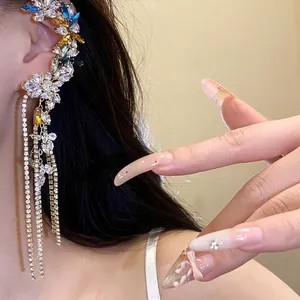 Elegant rhinestone zircon floral ear cuff featuring sparkling long tassels for women