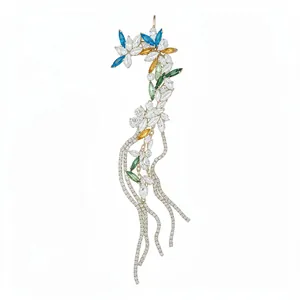 Elegant floral ear cuff featuring colorful marquise stones and diamond-paved tassels.