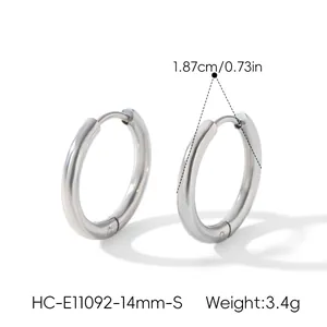 Detailed product view of minimalist silver stainless steel hoop earrings, 1.87cm diameter