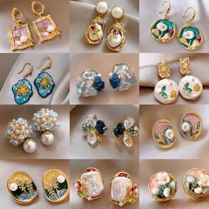 French Vintage Monet Garden Style Alloy Artificial Pearl Heart Stud Earrings For Women Elegant Enamel Floral Design Jewelry