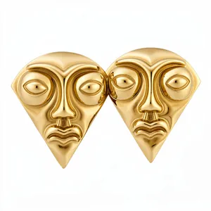Exaggerated vintage gold human face fan earrings featuring tribal mask style for women
