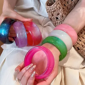 Women Irregular Geometric Resin Bangle Bracelet Glitter Sparkle Thick Round Hand Chain European Style Colorful Vacation Jewelry Gift