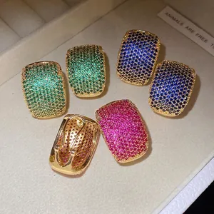 Vintage style C-shaped zircon stud earrings with full pavé colorful stones in gold plating