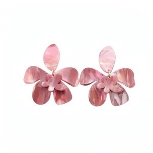 Pink marbled resin flower drop earrings with elegant floral design for women