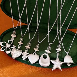 Silver Alloy Long Sweater Chain Necklace For Women Heart Star Flower Bell Pinecone Pendant Glass Stone Light Luxury Fashion Jewelry