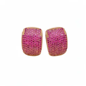 Vintage rose gold C-shaped stud earrings with pavé pink zircon stones, elegant jewelry