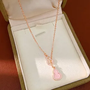 Luxury Pink Zirconia Hollow Gourd Pendant Necklace Rose Gold Plated Copper Link Chain Elegant Jewelry For Women Daily Wear