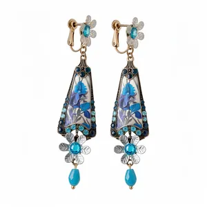 Vintage blue floral enamel dangling earrings with rhinestones and teardrop beads