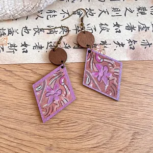 Bohemian printed wood diamond dangle earrings with unique artistic floral pattern