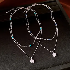 Double Layer Star Pendant Necklace Copper Zirconia Artificial Pearl Blue Stone Clavicle Chain Jewelry for Women