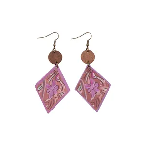 Bohemian ethnic drop earrings featuring diamond fabric pendants and wooden discs