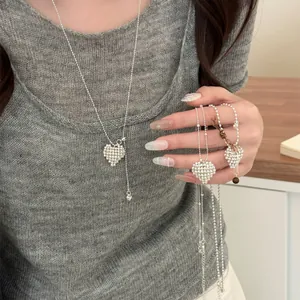 Silver Plated Copper Beaded Heart Pendant Necklace Rhinestone Minimalist Long Chain Fashion Daily Party Jewelry For Women
