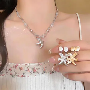 New Chinese Style Swallow Jewelry Set With 925 Sterling Silver Earring Post Hammered Texture Matte Gold Silver Bird Pendant Necklace Earrings For Women