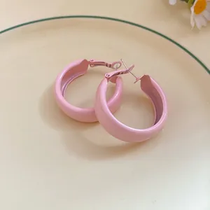 Close-up of elegant pink matte spray-painted hoop earrings with silver needles on a plate