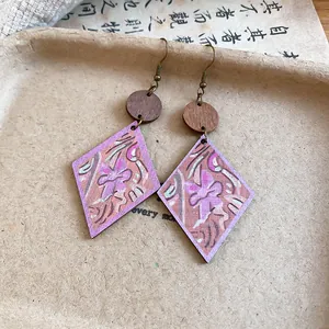 Detailed view of Bohemian wooden diamond earrings with colorful abstract floral print
