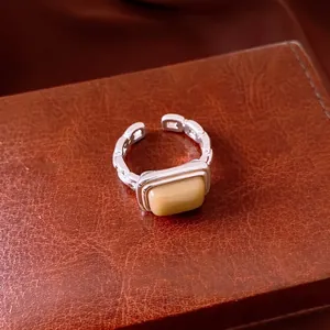 Vintage silver resin square geometric open ring with amber yellow stone inlay