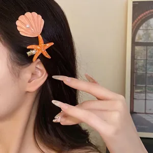 Women Sweet Starfish Shell Hair Clips Artificial Pearl Accents Plastic Duckbill Hair Accessories Vacation Style Gift