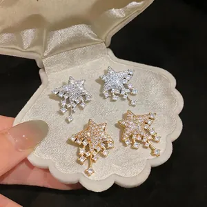 Luxury Star Tassel Stud Earrings For Women Sparkling Zirconia Inlaid Copper Earrings With 925 Sterling Silver Earring Post