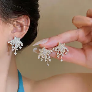 Elegant sparkling star stud earrings with full rhinestone dangling fringe for women