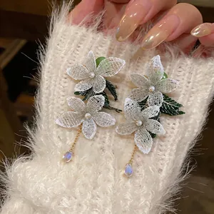 Elegant forest-style flower earrings with pearls and iridescent water drop pendants.