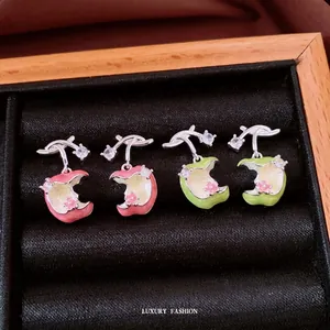 Enamel Apple Stud Earrings With 925 Sterling Silver Earring Post Zirconia Fruit Jewelry For Women Versatile Commuter Gift