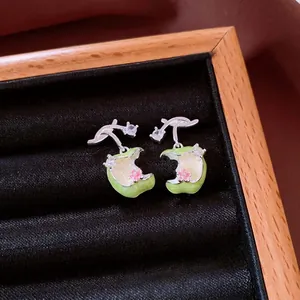 Handcrafted apple stud earrings with zircon and green enamel oil finish