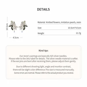 Detailed product specifications for floral drop earrings with measurements and material info