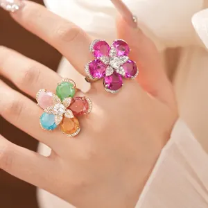 18K Real Gold Plated Copper Zirconia Flower Open Ring For Women Luxury Elegant Colorful Gemstone Inlaid Adjustable Finger Jewelry