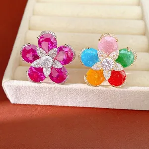 18k gold plated flower ring featuring vibrant colorful cubic zirconia stones