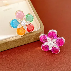 Elegant 18k gold plated flower open ring adorned with colorful sparkling zircons