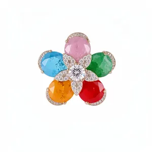 Luxurious 18k gold plated flower ring with colorful cubic zirconia stones.