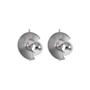 Modern silver-colored pleated fan earrings with polished metallic sphere stud pendant design