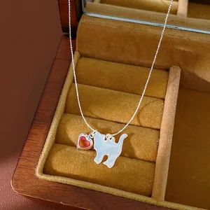 Semplice Dolce Gatto Cuore Ciondolo Collana Rame Placcato Argento Resina Strass Catena Clavicola Gioielli Quotidiani Donna